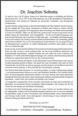 Traueranzeige der RP-Mediengruppe f&uuml;r Joachim Sobotta