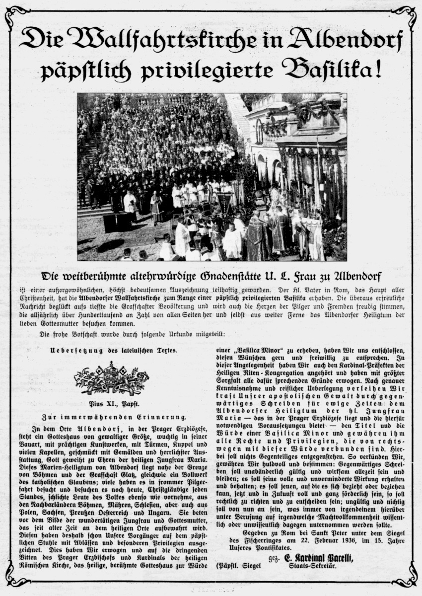 Erhebung der Wallfahrtskirche in Albendorf 1936 zur p&auml;pstlich privilegierten Basilika