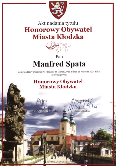 Urkunde &uuml;ber die Ehrenb&uuml;rgerschaft der Stadt Kłodzko f&uuml;r Manfred Spata