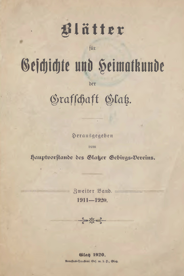 Titelblatt, 2. Band 1911-1920 der „Blätter für Geschichte und Heimat(s)kunde der Grafschaft Glatz“